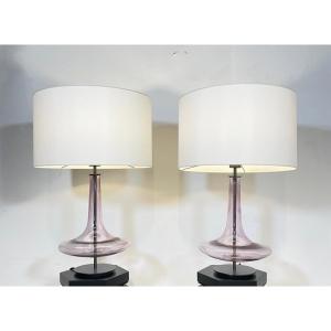Pair Of Murano Glass Lamps On Metal Base