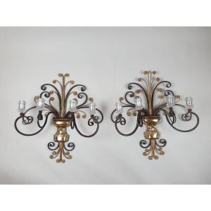 In The Taste Of Rings, Pair Of Wrought Iron And Glass Sconces 