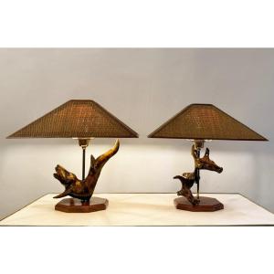 Pair Of Zoomorphic Lamps In Olive Wood
