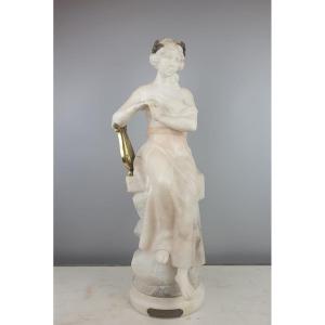 "young Woman With A Lyre" Alabaster Sculpture, Circa 1900