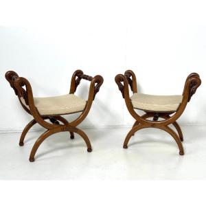 Pair Of Mahogany Swan-neck Stools, Early 19th Century