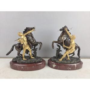 After Guillaume Coustou, "horses Of Marly" In Patinated And Gilded Bronze, 19th