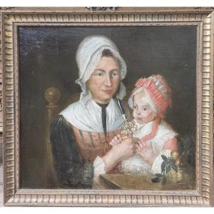 Huile sur toile "Nurse et enfant" 18th