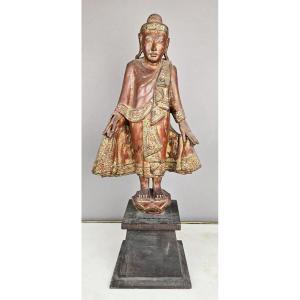 bouddha en bois polychromé, 19th 