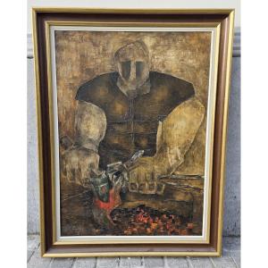 Oil On Canvas "blacksmith" Signed Roby And Dated 76