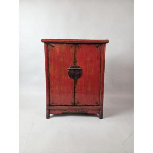 Small Chinese Cabinet In Red Lacquered Wood, 20th