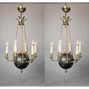 Pair Of Empire Chandeliers In Sheet Metal, Bronze And Brass, 19th