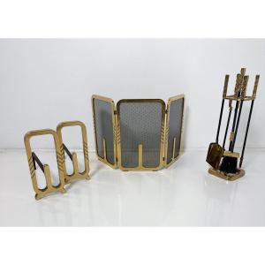 Ensemble de cheminée, laiton, Italie, années 1970