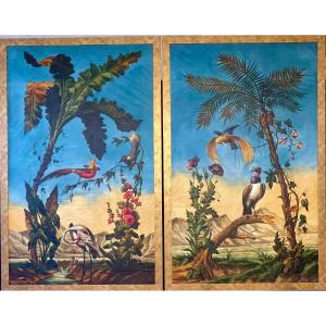 Paire de tempera sur toile, paysages aux oiseaux exotiques, suiveur de J. Barraband, ca 1820.