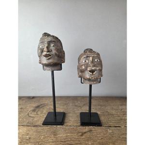 Two Carved Wooden Puppet Heads On A Base, Burma, Late 19th Century