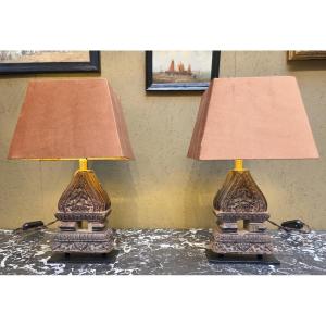 Pair Of Indonesian Carved Wood Lamps, Early 20th Century