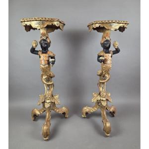 Pair Of Venetian Giltwood And Polychrome Sellettes, Late 19th Century