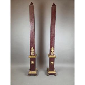 Pair Of Obelisks In Painted Wood With Ormolu Ornamentation, Early 20th Century