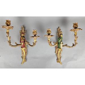 Paire d'appliques en bronze polychromé dans le goût de Maison Janssen