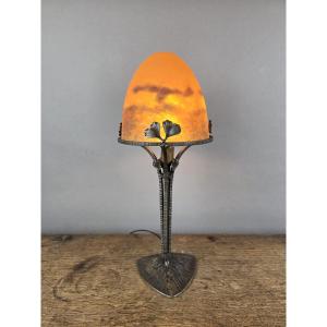 Miller Frères Lunéville, Glass Paste Lamp With Wrought Iron Frame