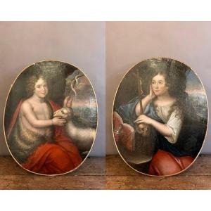 Paire de médaillons, huile sur toile "St Jean Batiste et Marie Madelaine" 18th