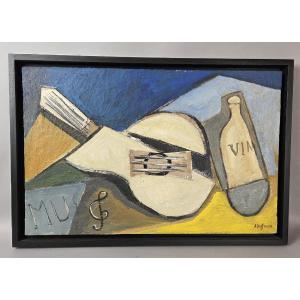 Oil On Canvas And Collage, “musical Instruments And Wine,” By Aad Hofman