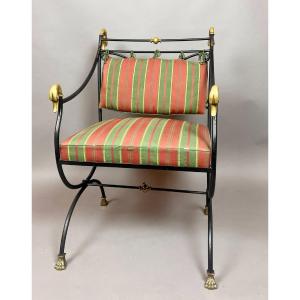 Fauteuil curule en fer forgé et bronze, XXe siècle