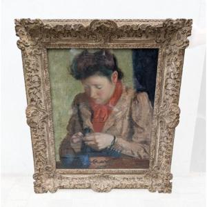 Huile sur toile, Émilie la tricoteuse, Léon Devos (1897–1974), Belgique, vers 1940