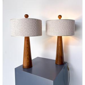 Pair Of Modern, Conical Wooden Table Lamps With Looped Fabric Shades, Italy