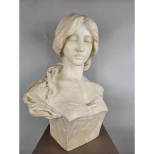 Emilio Fiaschi, Bust Of An Elegant Woman In Alabaster, 20th