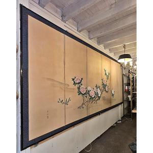 Chinese Folding Screen With Peony Motifs, Late 19th Century.