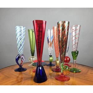 Carlo Moretti, Ensemble de 9 verres Murano, signé et daté, 20th