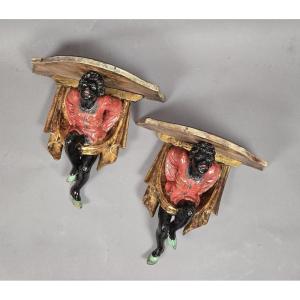 Pair Of Small Polychrome Wooden Side Tables, Italy, 20th Century