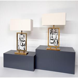 Paire de grandes lampes de table contemporaines, laiton, Italie