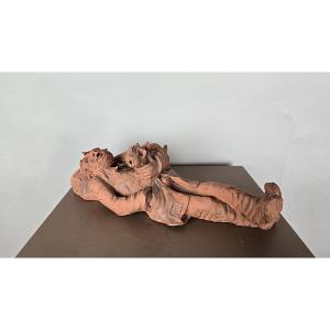 Terracotta Sculpture, “the Beggar And His Dog,” By Louis Falk, 20th Century
