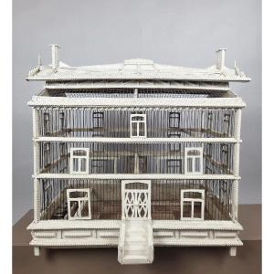 White-lacquered Wooden Birdcage, Dated 1912
