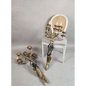 Pair Of Empire-style Bronze Wall Sconces, Late 19th Century, Decorated With Winged Putti