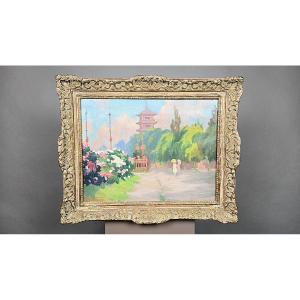 François Bossaerts (1879-1960), école belge, « Élégantes à la Tour japonaise », vers 1920