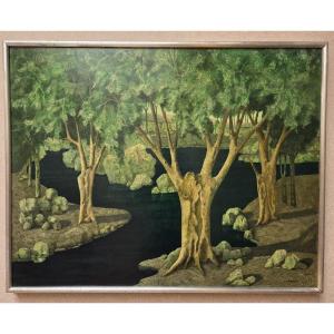 A. L. Dampierre, Huile sur toile "Forest lacustre"
