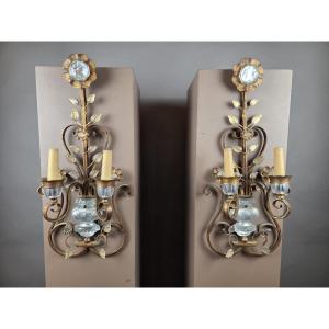 Pair Of "bagués" Wall Sconces Made Of Gilded Wrought Iron And Glass, Ca. 1950