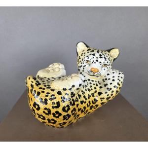 Jeune Léopard en faïence polychrome, Italie vers 1970