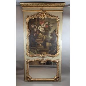  Trumeau en bois sculpté à décor de nature morte aux fleurs, XIXe siècle