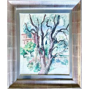 Henri Lebasque (1865–1937), Sculpture In The Garden, Watercolor And Gouache, Signed, Ca. 1930