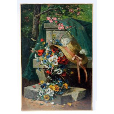 Huile Sur Toile, "bouquet De Fleurs Au Chapeau", Signé Carlier