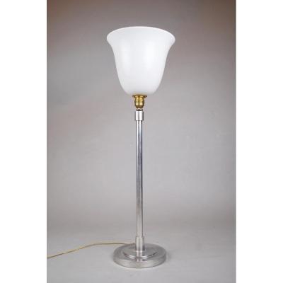 Lampe Mazda, Métal Chromé Et Opaline Blanche