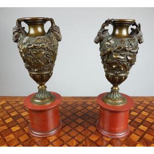 Paire De Cassolettes En Bronze Et Marbre, 19th