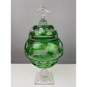 Vase Couvert En Cristal Taillé Doublé Vert