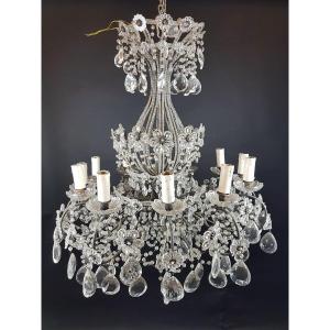 Pair Of Chandeliers With Pampilles And Glass Flowers, Early 20th