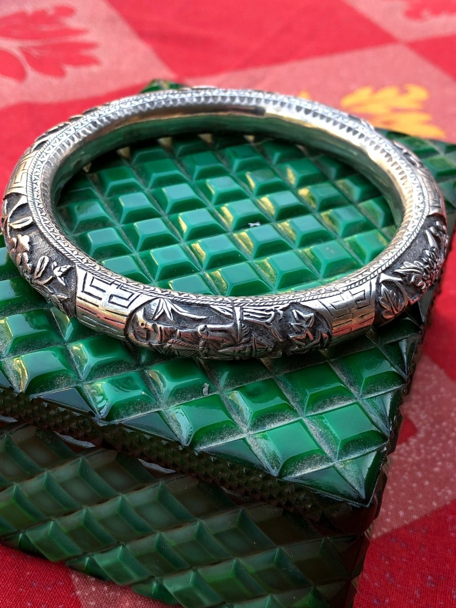 Chine Fin 19 ème «  Bracelet En Argent Ciselé « -photo-2