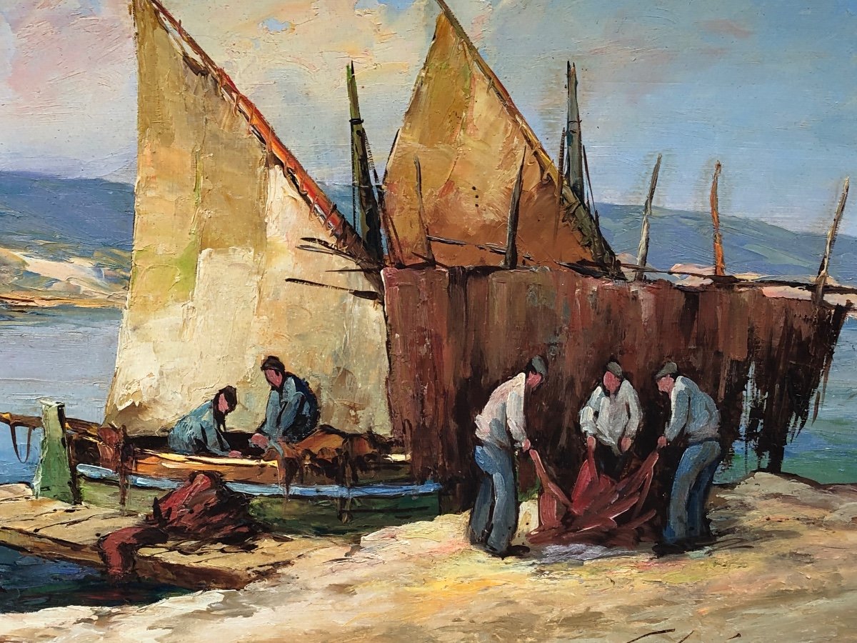 Fortuné Car 1905-1970 “fishermen Aux Martigues” Oil -photo-1