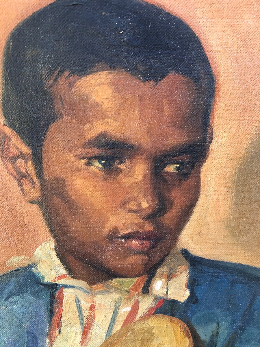Odette Bruneau “young Musician At The Tam-tam” Morocco 1943 Oil On Canvas -photo-4