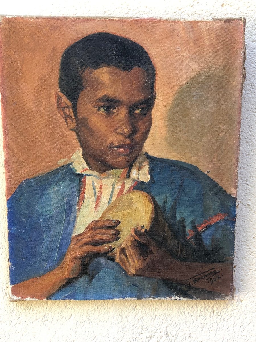 Odette Bruneau “young Musician At The Tam-tam” Morocco 1943 Oil On Canvas -photo-2