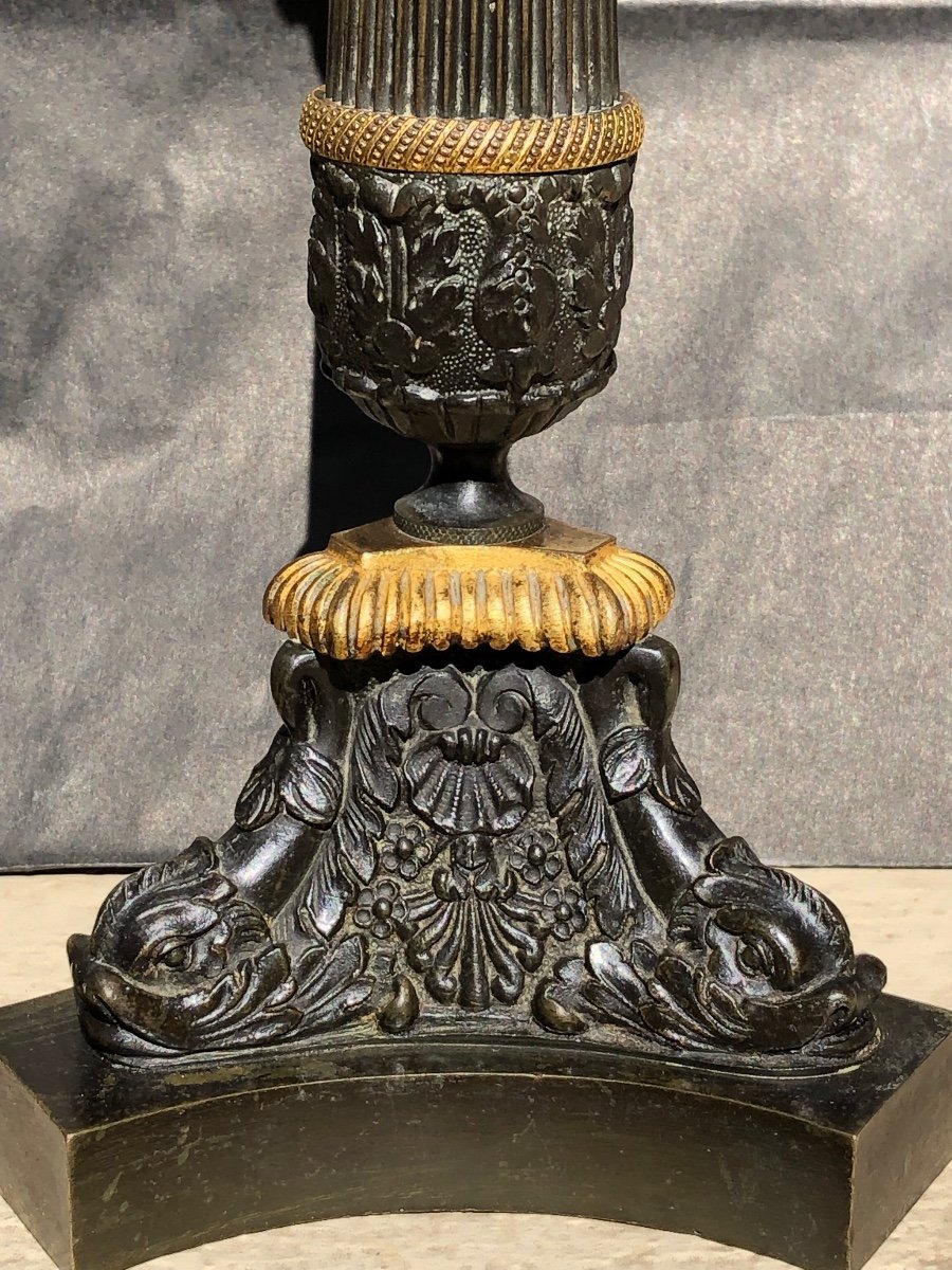 Paire De Bougeoirs «  Aux Tritons «  En Bronze époque Restauration Vers 1820-photo-2