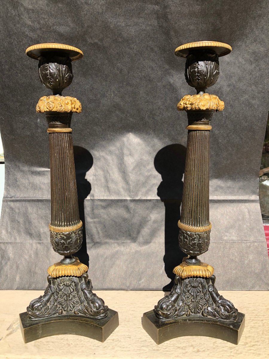 Paire De Bougeoirs «  Aux Tritons «  En Bronze époque Restauration Vers 1820-photo-4