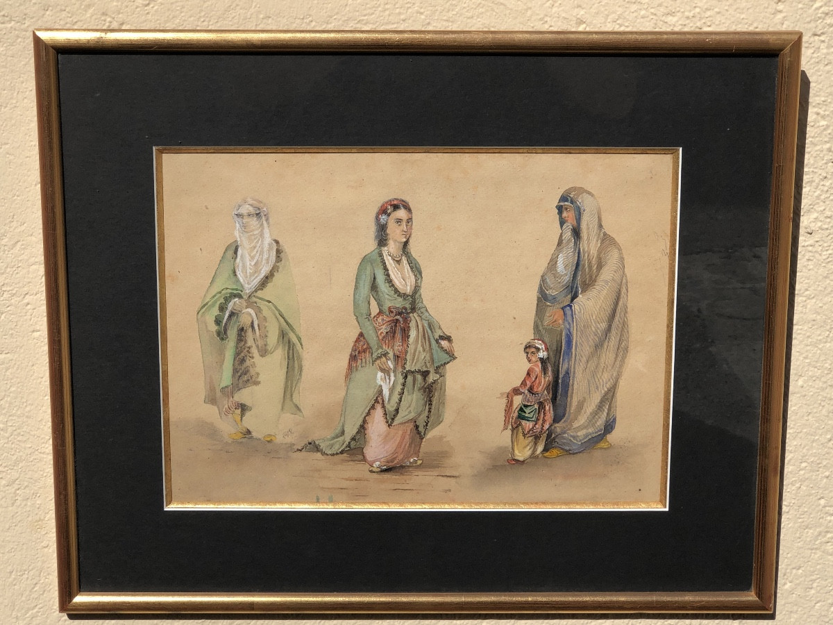 Eugène Giraud 1806-1881 “three Oriental Women” Watercolor -photo-4